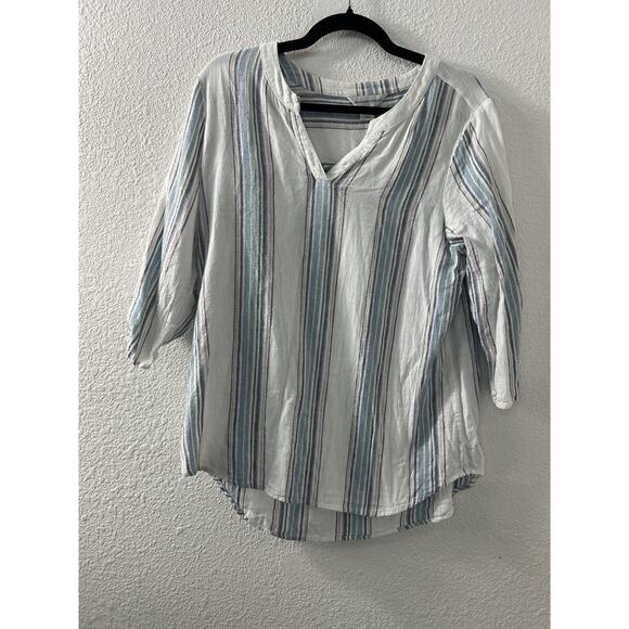 CHRISTOPHER BANKS Womens Sz L Linen Blend Top White‎ Stripe Metalic Thread - Picture 1 of 10